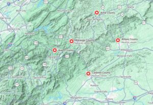 Service area map for Holler Home Inspections, covering Watauga, Ashe, and Avery counties in the North Carolina High Country.