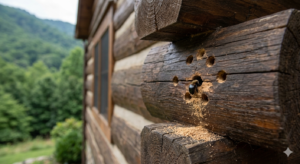 Carpenter bee damage and bore holes in a log home exterior wall.