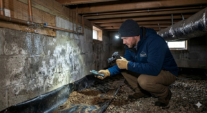 Holler Home Inspections professional using a moisture meter to detect mold and wood rot in a Boone NC crawlspace.