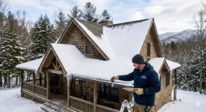 Professional home inspection in Boone NC checking for ice damming on a mountain home