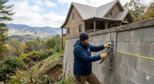 Holler Home Inspections inspector assessing a leaning retaining wall at a steep slope High Country home near Boone, NC.