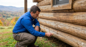 Home inspector checking for rot on a log cabin in Boone NC log home maintenance.