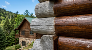 Side-by-side comparison of UV-damaged gray logs and freshly stained, water-resistant wood on a mountain home.