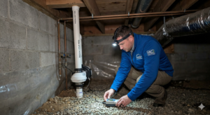 IAC2 certified home inspector in Boone NC setting up a continuous radon test in a crawlspace