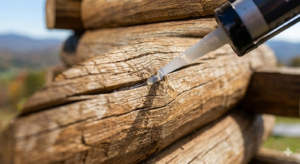 Applying sealant to upward-facing checks on a log cabin near Blowing Rock.