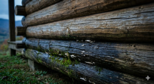 Water damage and moss on bottom logs of a cabin in Banner Elk NC.