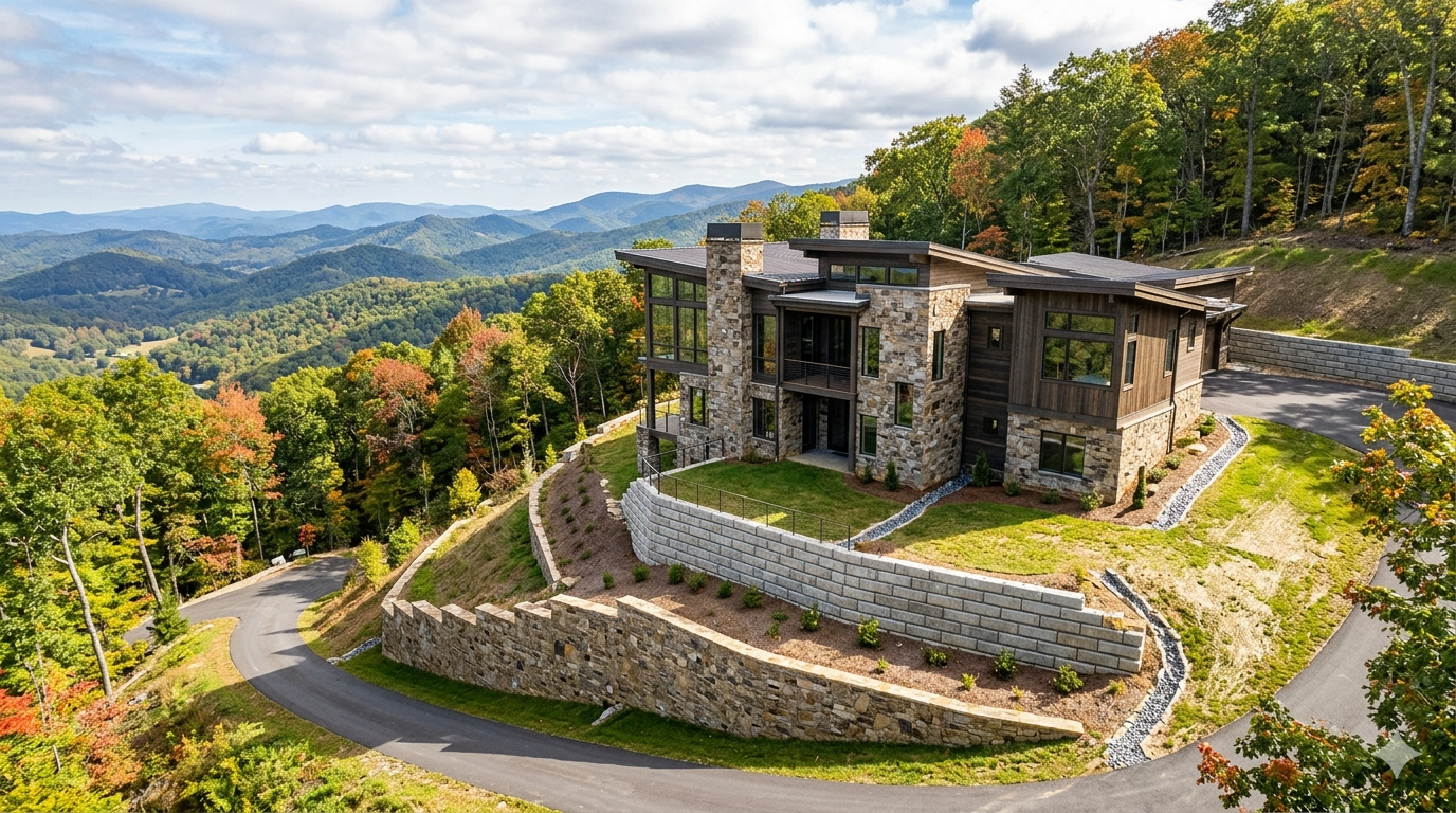 Buying a Home on a Mountain Slope. Modern home built securely on a steep forested mountain slope in the NC High Country