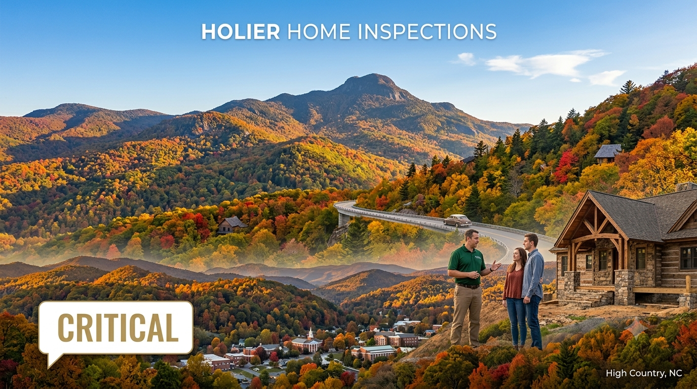 A home inspector talking with a couple outside a mountain home, showcasing a scenic view of the NC High Country.