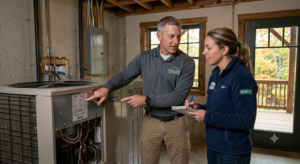 Home inspector pointing out mechanical components on a heat pump system to a home buyer in West Jefferson, NC.