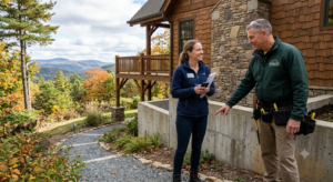 Home inspector explaining mountain home foundation to buyer during a home inspection in the NC High Country near Boone.