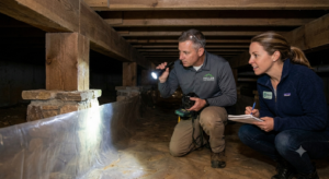 Licensed inspector checking a crawlspace vapor barrier and foundation framing during a home inspection in the NC High Country.