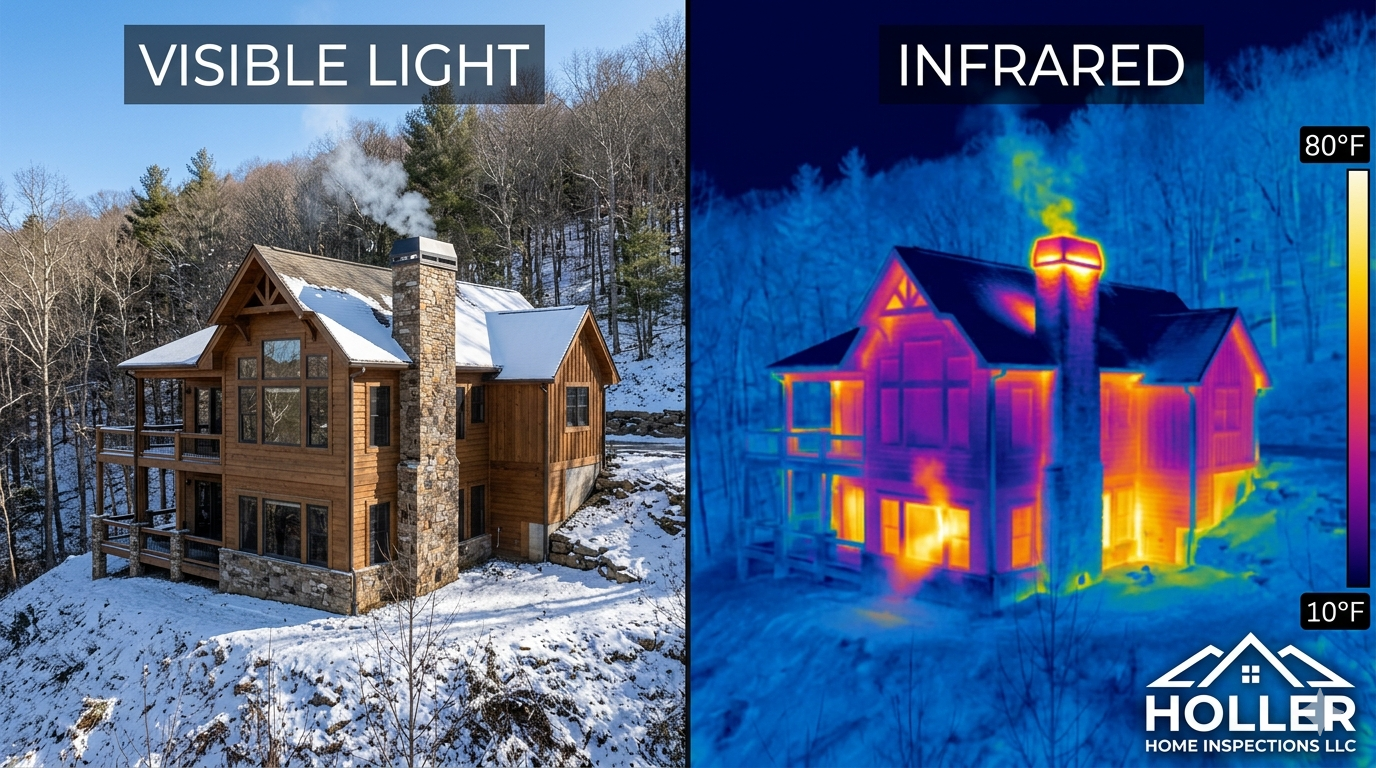 Side-by-side split screen showing a standard visual photo and a high-resolution thermal imaging home inspection NC overview of a residential property. Thermal Imaging NC.