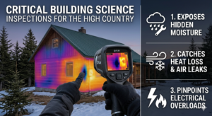 A home inspector operating an infrared thermal imaging camera outside a mountain home in the NC High Country to detect electrical hot spots, missing insulation, and hidden moisture leaks.