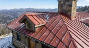 Close-up view of a 5V crimp exposed fastener metal roof with visible screws on a rustic cabin in the NC High Country