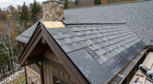 Architectural asphalt shingles with ice and water shield installed on a High Country roof eave
