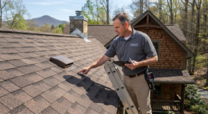 Home inspector evaluating architectural asphalt shingles in Boone NC