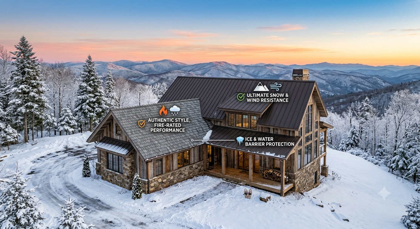 Panoramic view of a custom NC High Country mountain home with standing seam metal and synthetic shake roofing showing performance call-outs