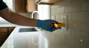 An electrical outlet tester plugged into a kitchen wall showing correct polarity and grounding.