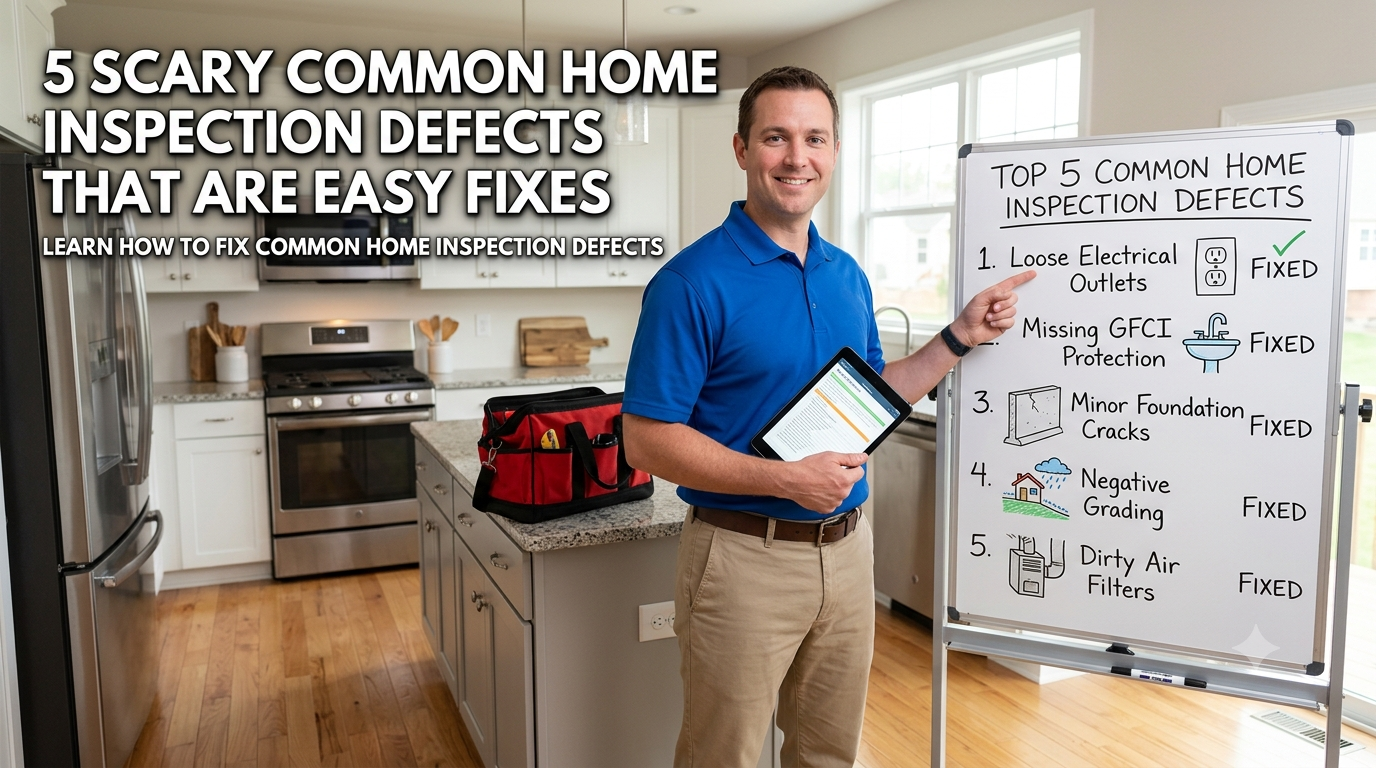 A home inspector standing in a kitchen next to a whiteboard listing 5 common home inspection defects marked as fixed, titled '5 Scary Common Home Inspection Defects That Are Easy Fixes.