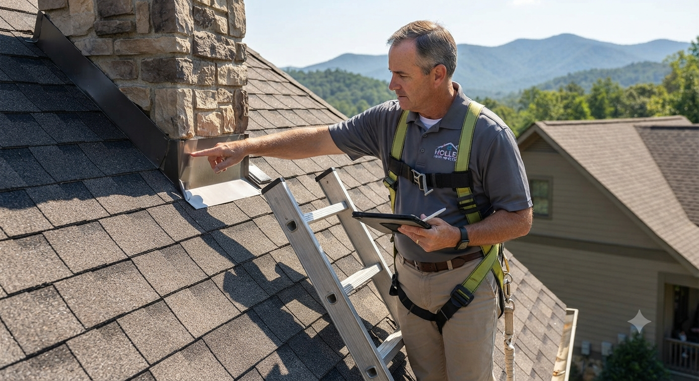 The High Country Roof Guide - Professional Inspector Checking Chimney Flashing