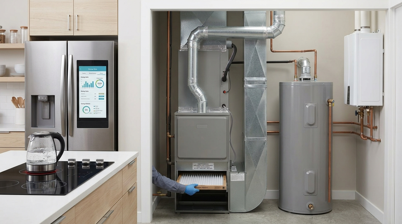 A clean composite scene showing essential home appliances including a smart refrigerator, furnace with proper filter installation, and water heater.