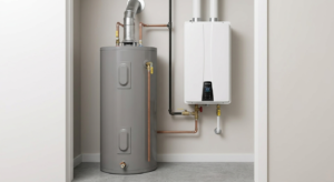 A side-by-side comparison inside a home utility room showing a large conventional hot water tank next to a compact wall-mounted tankless unit.