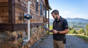 A professional home inspector, wearing a branded vest and holding a digital manometer and clipboard, checks the pressure reading on an exterior radon mitigation system pipe attached to a rustic mountain home in Boone, North Carolina, with a Blue Ridge Mountain view in the background.