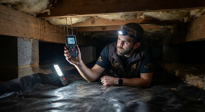 A professional home inspector, wearing a branded vest and holding a notebook, kneels on a slope to inspect the stone and block foundation of a rustic cabin in the NC mountains, with a Blue Ridge view in the background.
