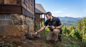 A professional home inspector, wearing a branded vest and holding a notebook, kneels on a slope to inspect the stone and block foundation of a rustic cabin in the NC mountains, with a Blue Ridge view in the background.
