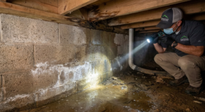 Foundation water damage and moisture accumulation inspected in crawlspace