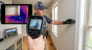 Thermal imaging camera detecting hidden wall leak during water damage home inspection
